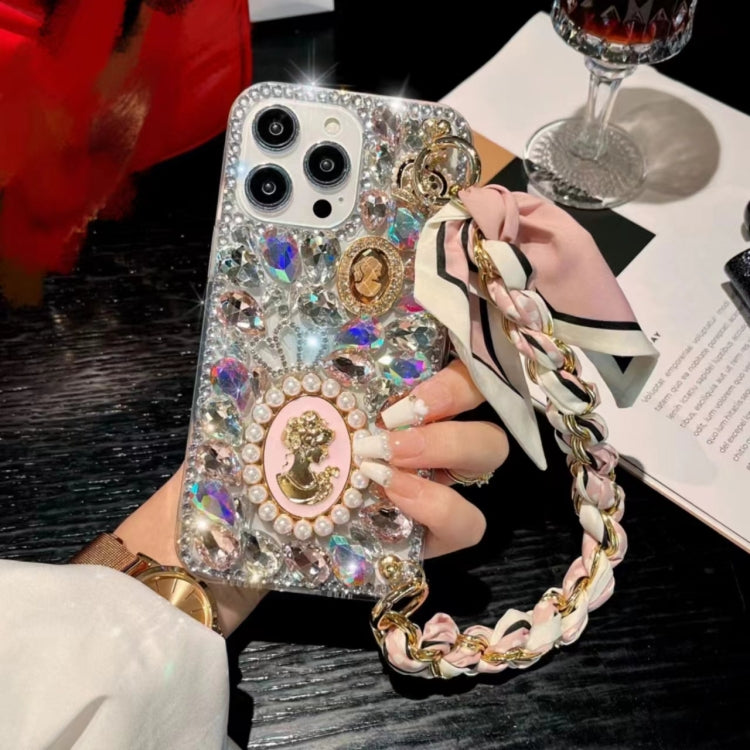 For iPhone 16 Pro Max Handmade Diamond Purple Gemstone Scarf Bracelet PC Phone Case