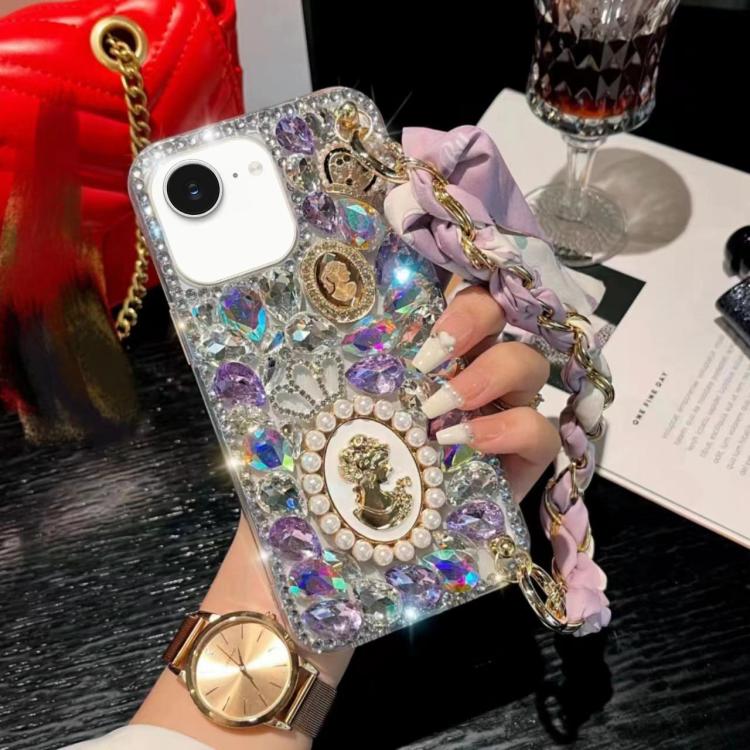 For iPhone 17e / 16e Handmade Diamond Purple Gemstone Scarf Bracelet PC Phone Case