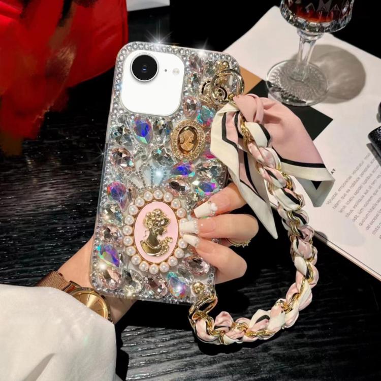 For iPhone 17e / 16e Handmade Diamond Purple Gemstone Scarf Bracelet PC Phone Case