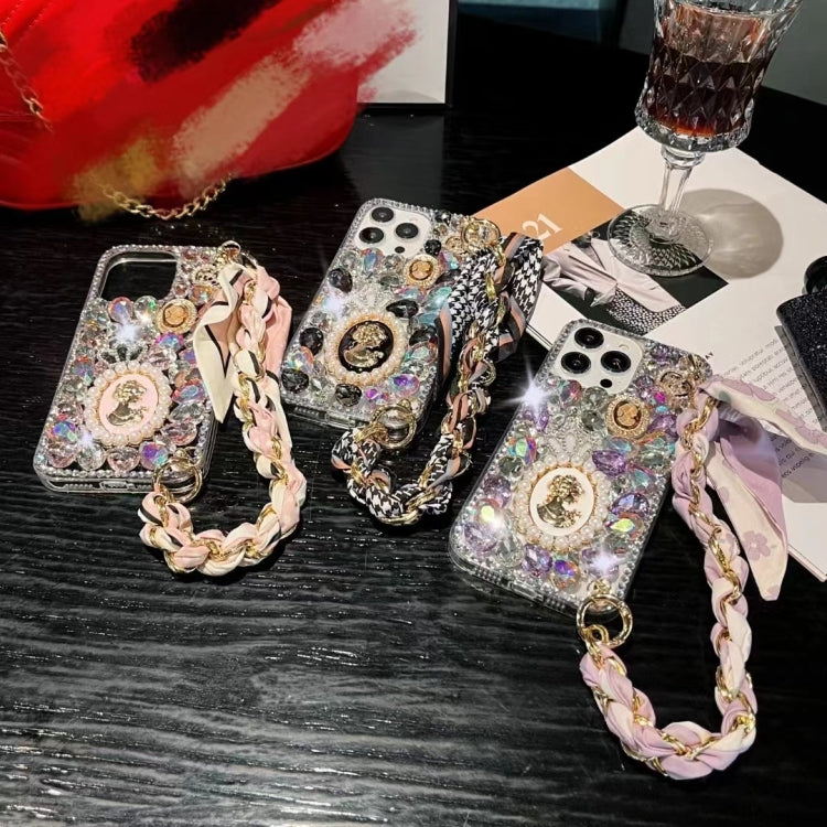 For iPhone 15 Pro Handmade Diamond Purple Gemstone Scarf Bracelet PC Phone Case