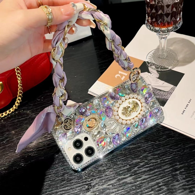 For iPhone 15 Pro Handmade Diamond Purple Gemstone Scarf Bracelet PC Phone Case