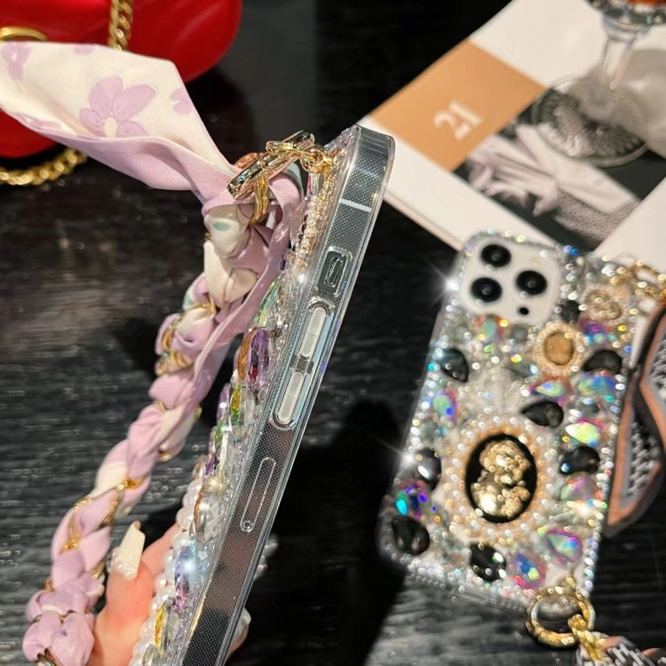 For iPhone 15 Pro Handmade Diamond Purple Gemstone Scarf Bracelet PC Phone Case