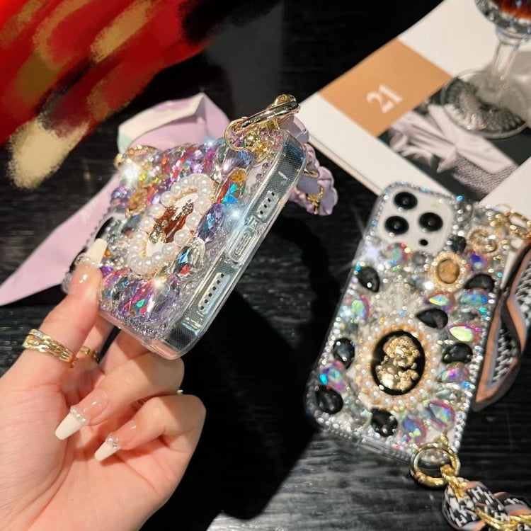 For iPhone 15 Pro Handmade Diamond Purple Gemstone Scarf Bracelet PC Phone Case