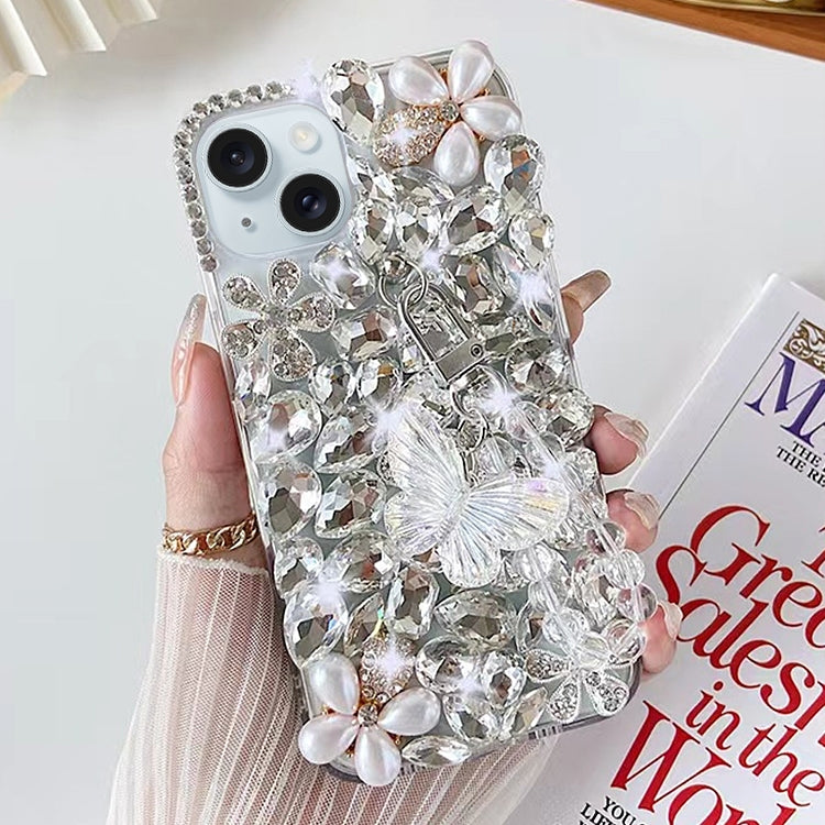 For iPhone 15 Handmade Butterfly Diamond Inlay PC Phone Case