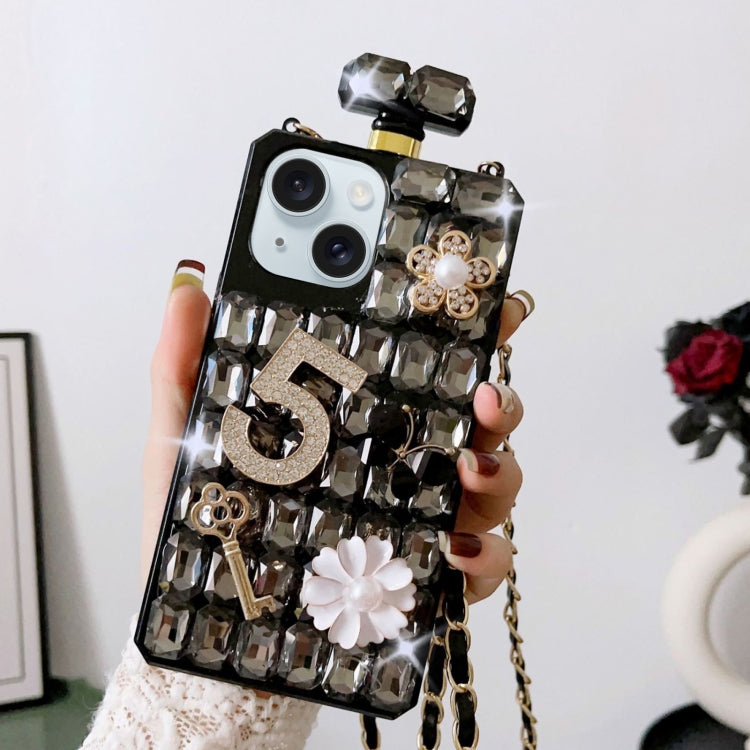 For iPhone 15 Plus Crossbody Perfume Bottle Handmade Inlaid Diamond PC Phone Case