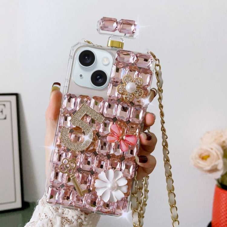 For iPhone 15 Plus Crossbody Perfume Bottle Handmade Inlaid Diamond PC Phone Case