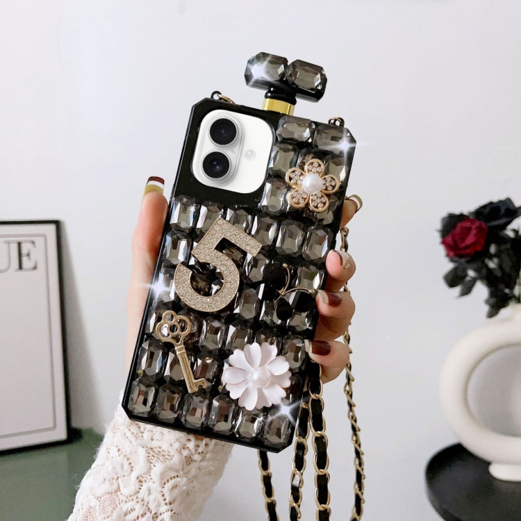 For iPhone 16 Plus Crossbody Perfume Bottle Handmade Inlaid Diamond PC Phone Case