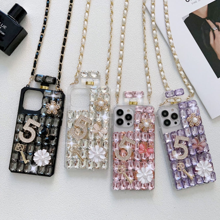 For iPhone 14 Crossbody Perfume Bottle Handmade Inlaid Diamond PC Phone Case