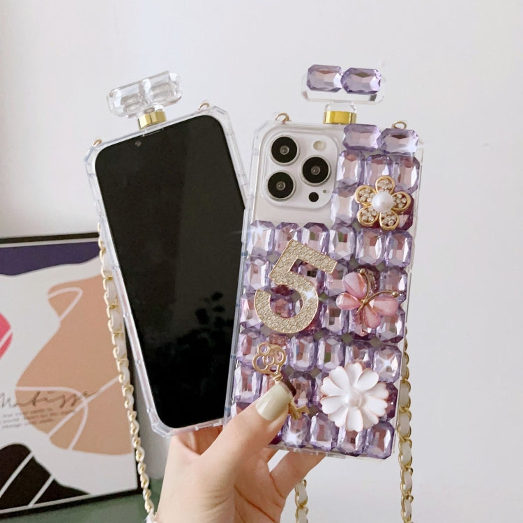 For iPhone 14 Crossbody Perfume Bottle Handmade Inlaid Diamond PC Phone Case