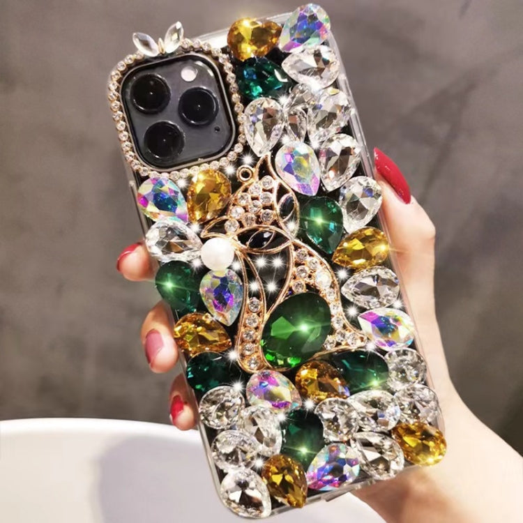 For iPhone 15 Pro Handmade Bling Rhinestone Gemstone Fox PC Phone Case