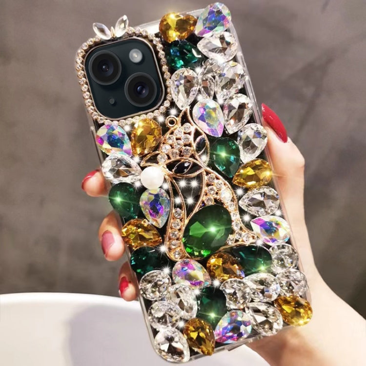 For iPhone 15 Plus Handmade Bling Rhinestone Gemstone Fox PC Phone Case