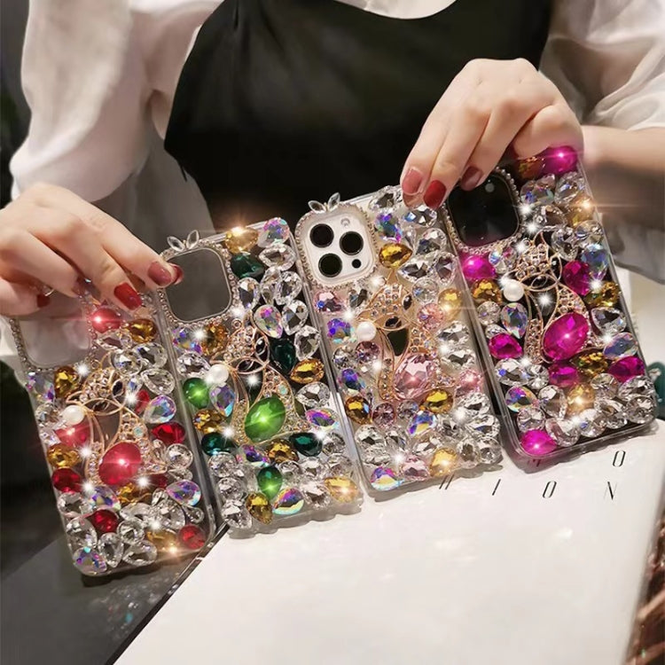 For iPhone 15 Pro Max Handmade Bling Rhinestone Gemstone Fox PC Phone Case