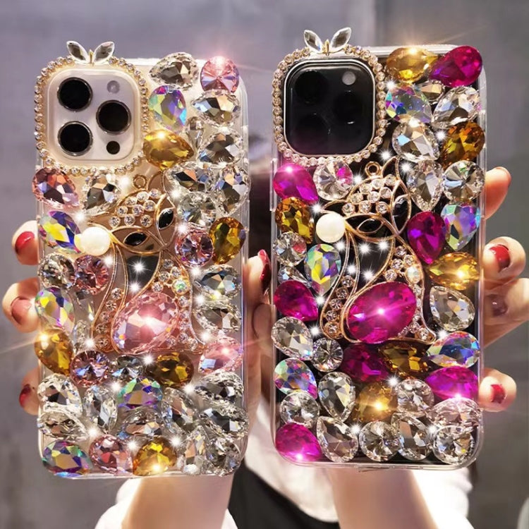 For iPhone 15 Pro Handmade Bling Rhinestone Gemstone Fox PC Phone Case