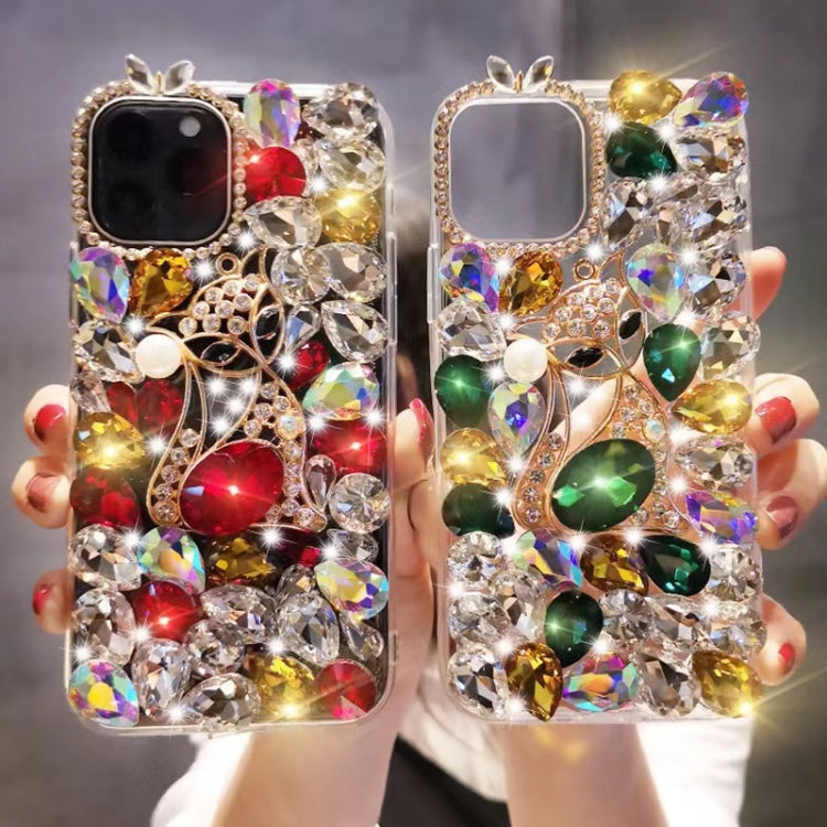 For iPhone 15 Pro Handmade Bling Rhinestone Gemstone Fox PC Phone Case