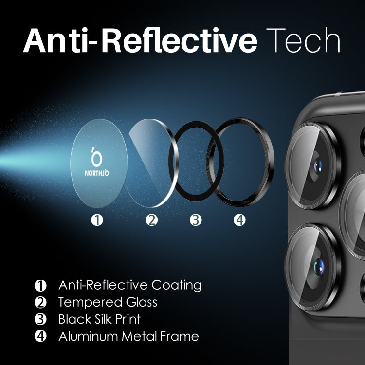 For iPhone 16 Pro / Pro Max NORTHJO 2 Sets 6pcs Camera Lens Protector Cover Metal Ring Film