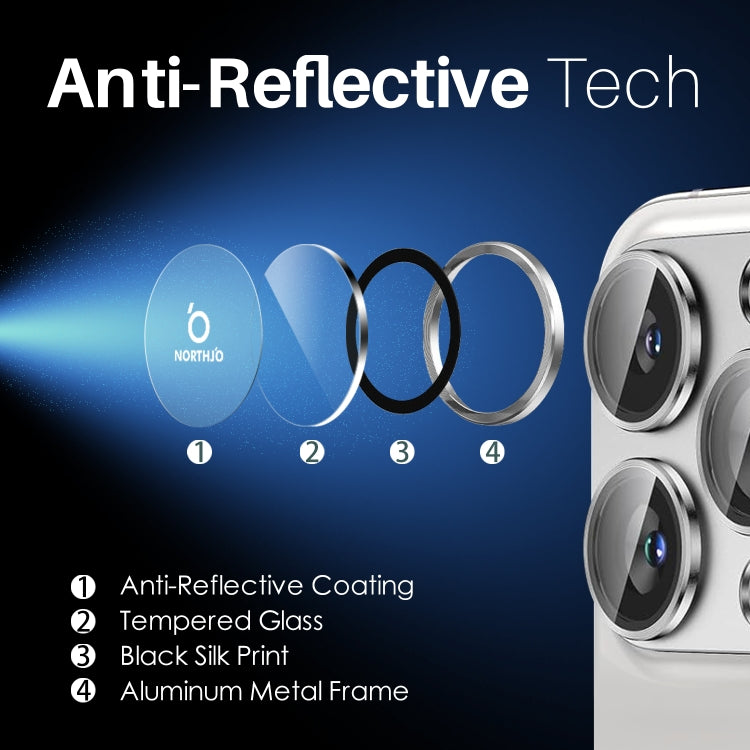 For iPhone 16 Pro / Pro Max NORTHJO 2 Sets 6pcs Camera Lens Protector Cover Metal Ring Film