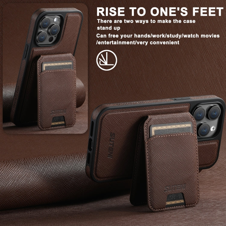 For iPhone 15 Suteni M2 Cross-Grain MagSafe Vertical Card Back Phone Case