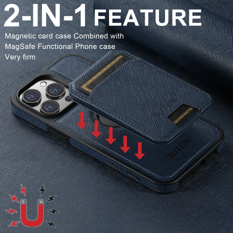 For iPhone 14 Pro Max Suteni M2 Cross-Grain MagSafe Vertical Card Back Phone Case