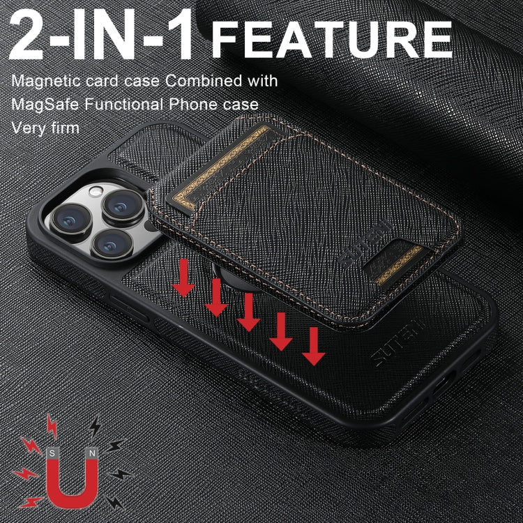 For iPhone 14 Plus Suteni M2 Cross-Grain MagSafe Vertical Card Back Phone Case