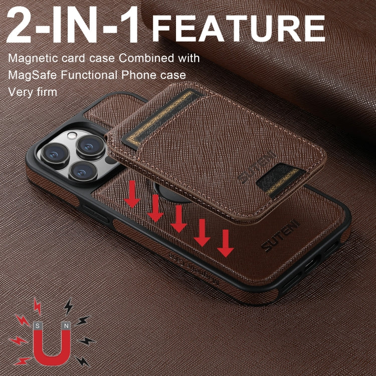 For iPhone 14 Plus Suteni M2 Cross-Grain MagSafe Vertical Card Back Phone Case