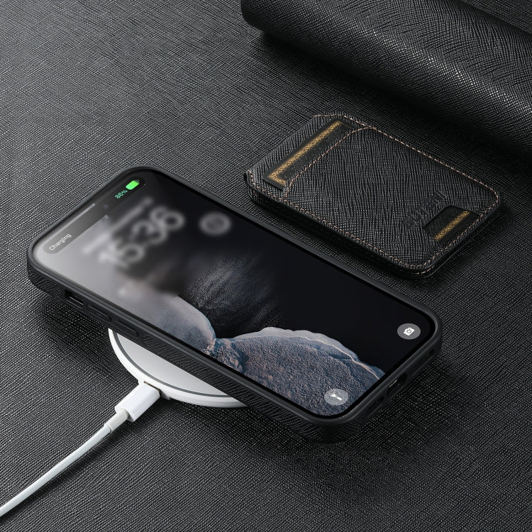 For iPhone 16 Suteni M2 Cross-Grain MagSafe Vertical Card Back Phone Case