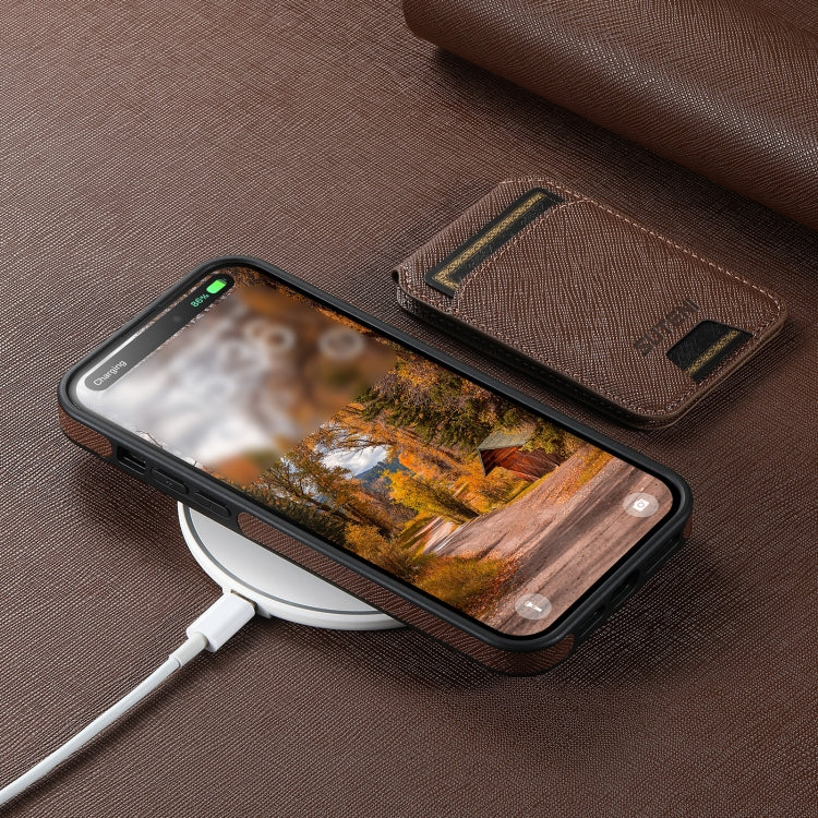 For iPhone 16 Plus Suteni M2 Cross-Grain MagSafe Vertical Card Back Phone Case