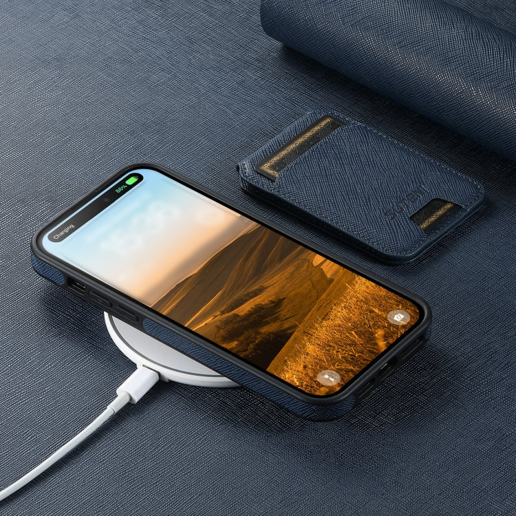 For iPhone 16 Plus Suteni M2 Cross-Grain MagSafe Vertical Card Back Phone Case