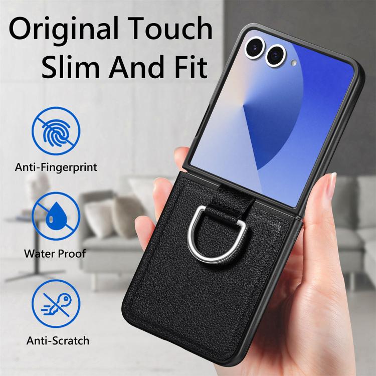 For Galaxy Z Flip7 5G Litchi Texture Leather Ring Phone Case