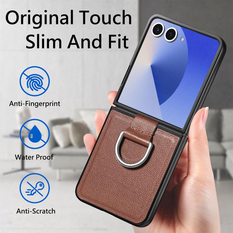 For Galaxy Z Flip7 5G Litchi Texture Leather Ring Phone Case