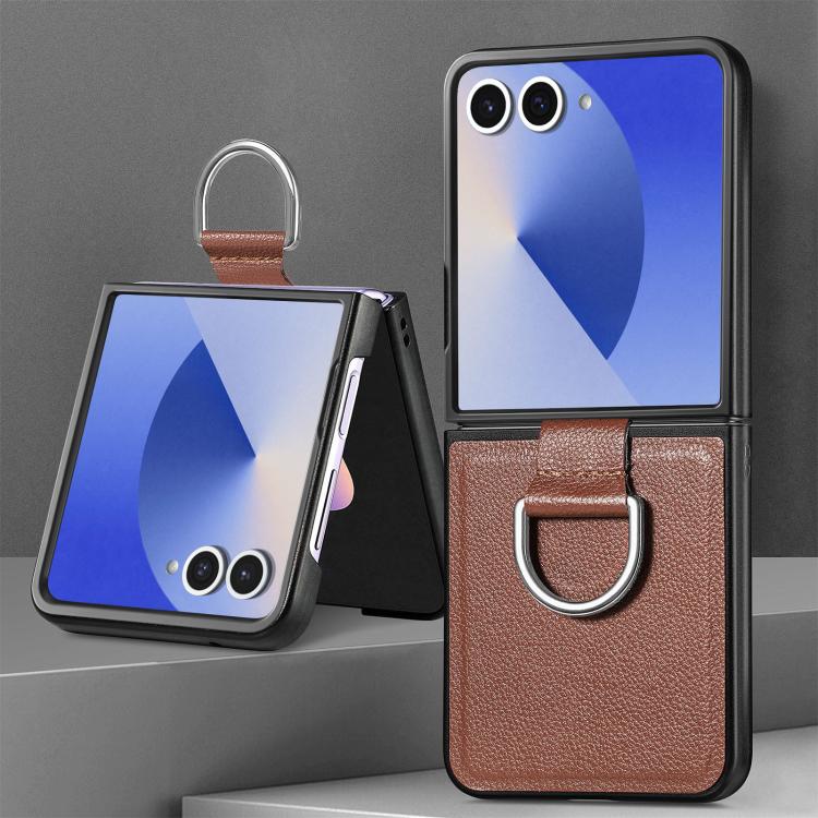 For Galaxy Z Flip7 5G Litchi Texture Leather Ring Phone Case