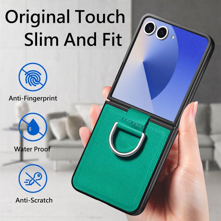 For Galaxy Z Flip7 5G Litchi Texture Leather Ring Phone Case