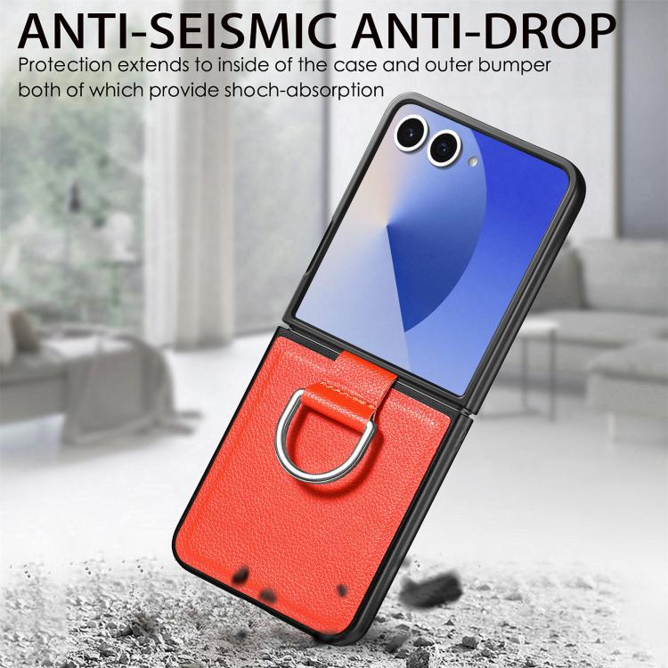 For Galaxy Z Flip7 5G Litchi Texture Leather Ring Phone Case