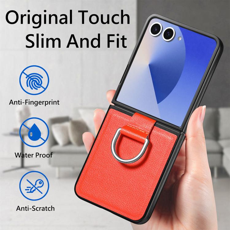 For Galaxy Z Flip7 5G Litchi Texture Leather Ring Phone Case