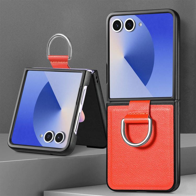 For Galaxy Z Flip7 5G Litchi Texture Leather Ring Phone Case