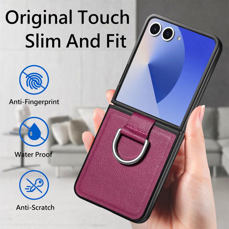 For Galaxy Z Flip7 5G Litchi Texture Leather Ring Phone Case