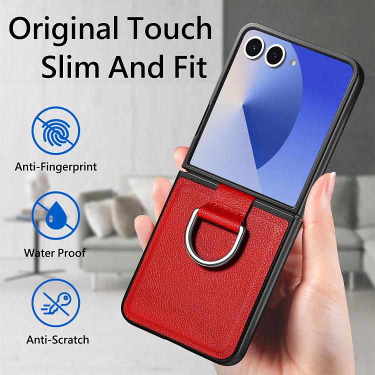 For Galaxy Z Flip7 5G Litchi Texture Leather Ring Phone Case