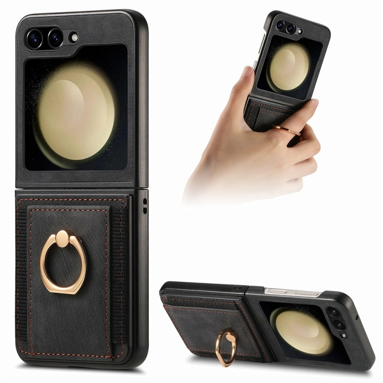 For Samsung Galaxy Z Flip6 / Flip7 FE JUNSUNMAY Retro Leather Skin PC Folding Phone Case with Phone Ring