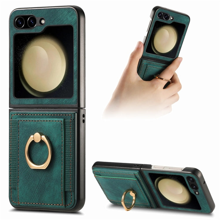 For Samsung Galaxy Z Flip6 / Flip7 FE JUNSUNMAY Retro Leather Skin PC Folding Phone Case with Phone Ring