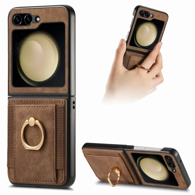 For Samsung Galaxy Z Flip6 / Flip7 FE JUNSUNMAY Retro Leather Skin PC Folding Phone Case with Phone Ring