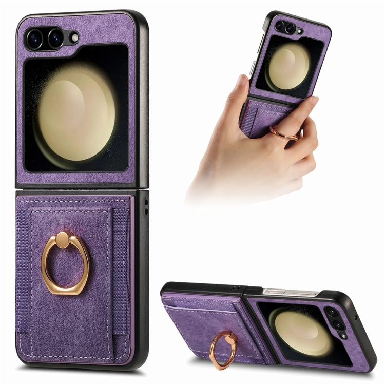 For Samsung Galaxy Z Flip6 / Flip7 FE JUNSUNMAY Retro Leather Skin PC Folding Phone Case with Phone Ring