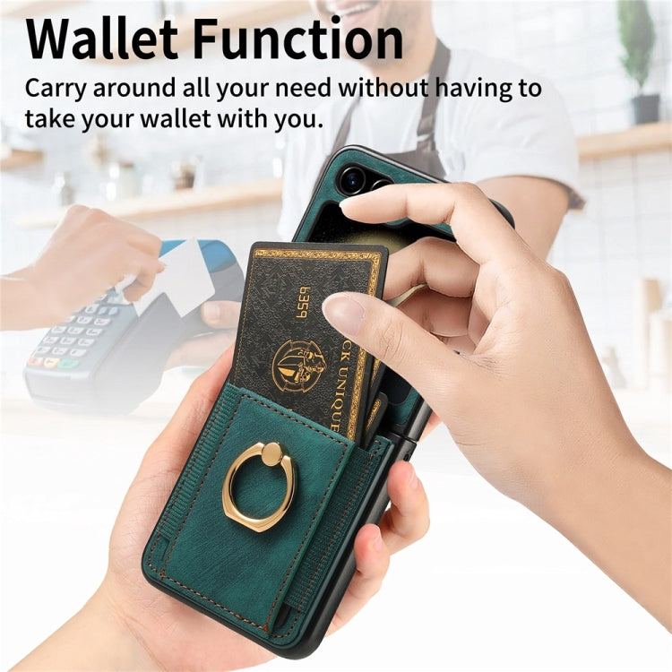 For Samsung Galaxy Z Flip6 / Flip7 FE JUNSUNMAY Retro Leather Skin PC Folding Phone Case with Phone Ring