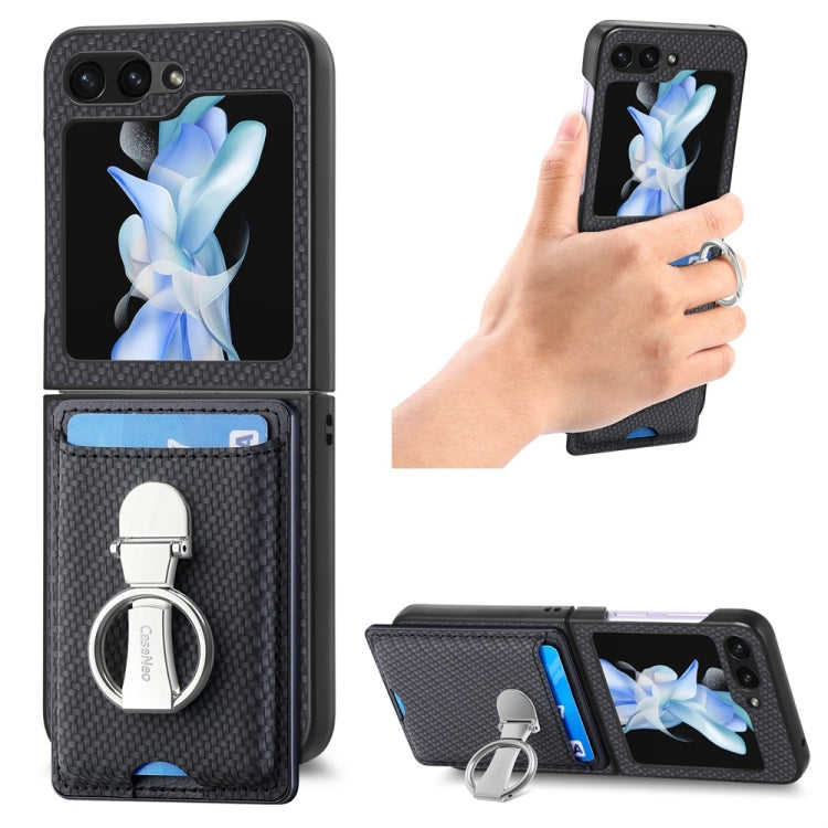 For Samsung Galaxy Z Flip6 / Flip7 FE JUNSUNMAY Carbon Fiber Leather Skin PC Folding Phone Case with Phone Ring