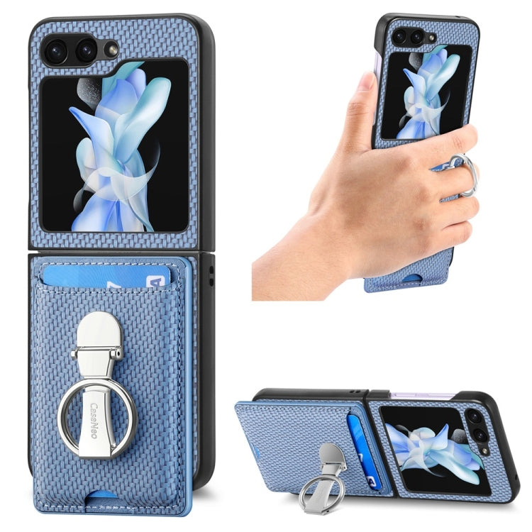 For Samsung Galaxy Z Flip6 / Flip7 FE JUNSUNMAY Carbon Fiber Leather Skin PC Folding Phone Case with Phone Ring