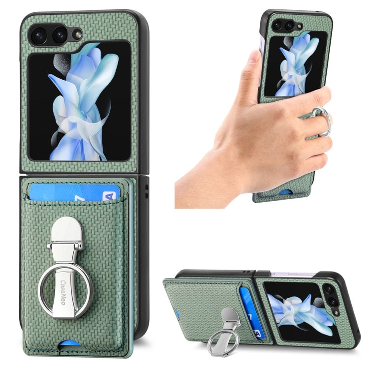For Samsung Galaxy Z Flip6 / Flip7 FE JUNSUNMAY Carbon Fiber Leather Skin PC Folding Phone Case with Phone Ring