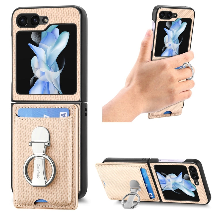 For Samsung Galaxy Z Flip6 / Flip7 FE JUNSUNMAY Carbon Fiber Leather Skin PC Folding Phone Case with Phone Ring