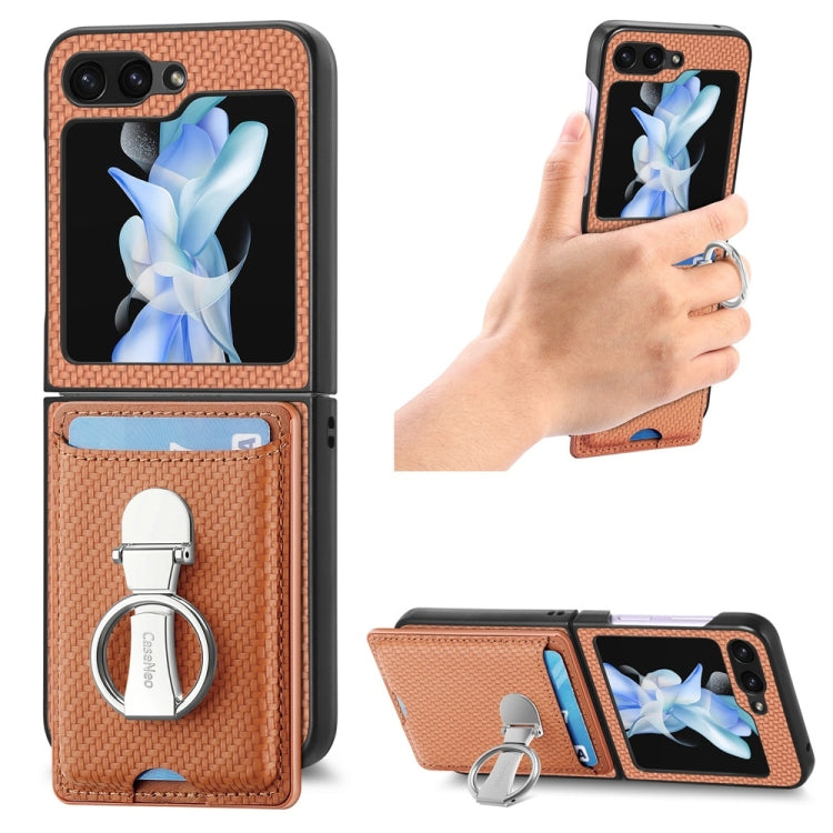 For Samsung Galaxy Z Flip6 / Flip7 FE JUNSUNMAY Carbon Fiber Leather Skin PC Folding Phone Case with Phone Ring