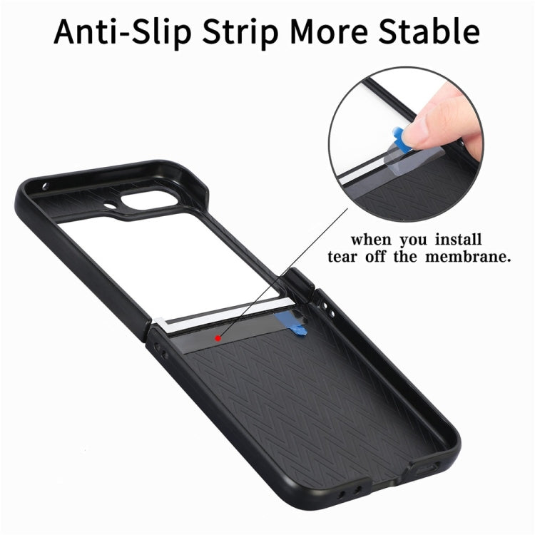 For Samsung Galaxy Z Flip6 / Flip7 FE JUNSUNMAY Carbon Fiber Leather Skin PC Folding Phone Case with Phone Ring