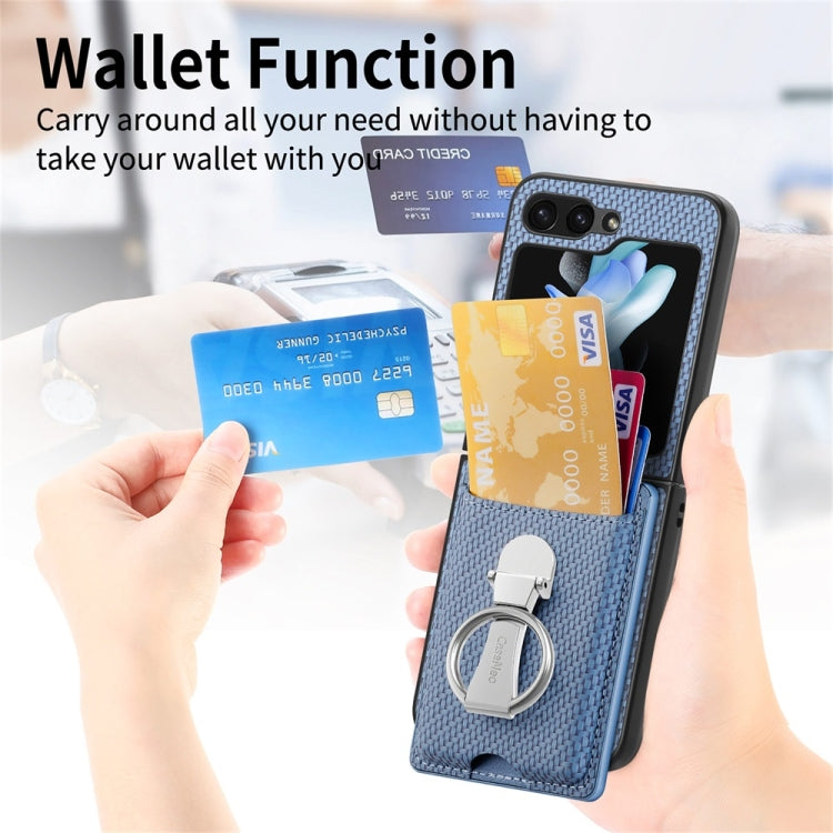 For Samsung Galaxy Z Flip6 / Flip7 FE JUNSUNMAY Carbon Fiber Leather Skin PC Folding Phone Case with Phone Ring