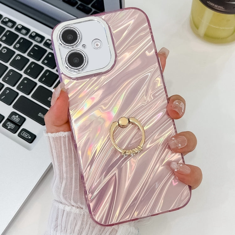 For iPhone 16 Plus Plating Glitter Texture Ring Holder TPU Phone Case with Lens Film