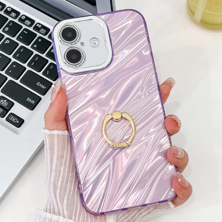 For iPhone 16 Plus Plating Glitter Texture Ring Holder TPU Phone Case with Lens Film